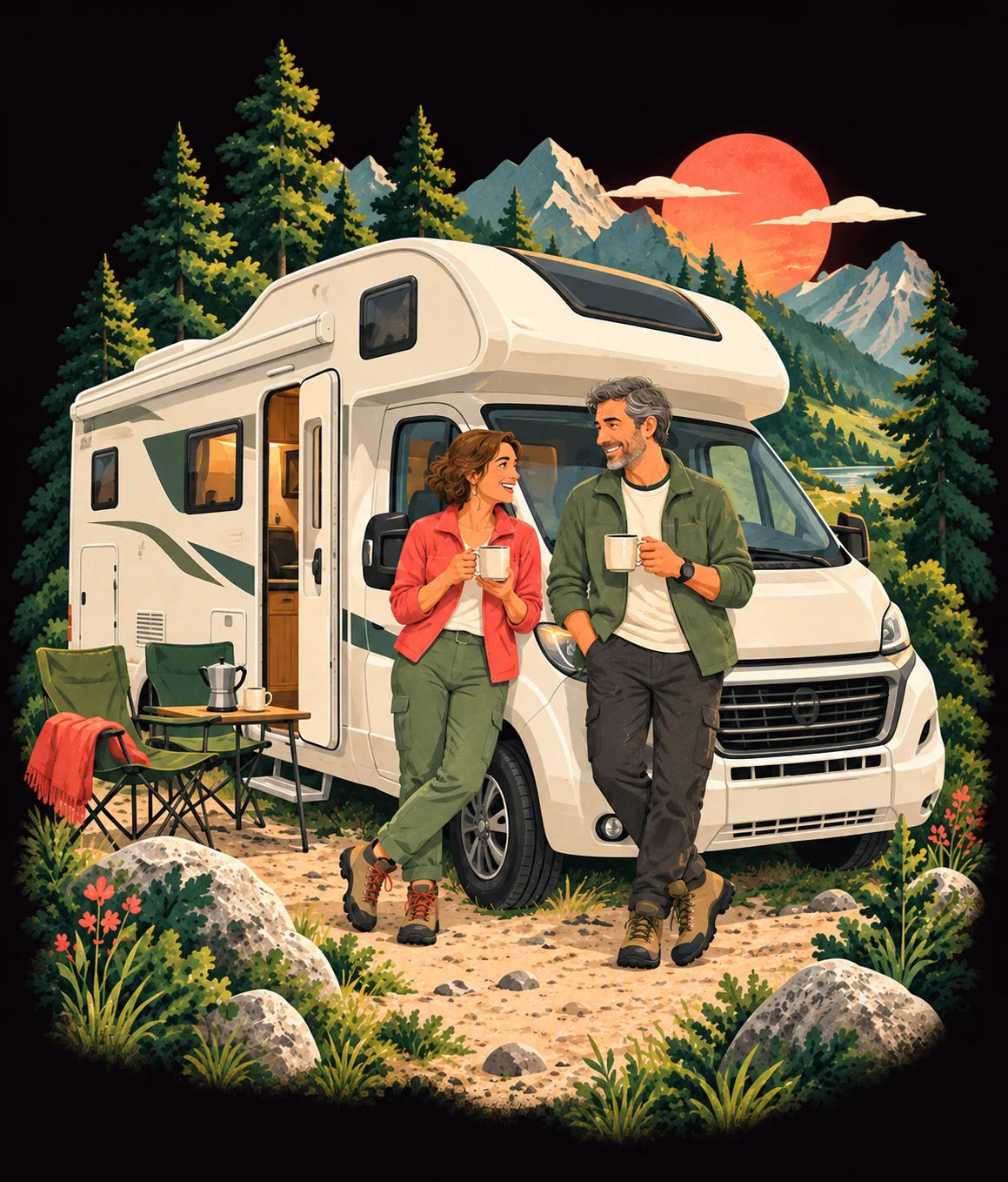 Deux voyageurs font connaissance devant un camping-car — illustration