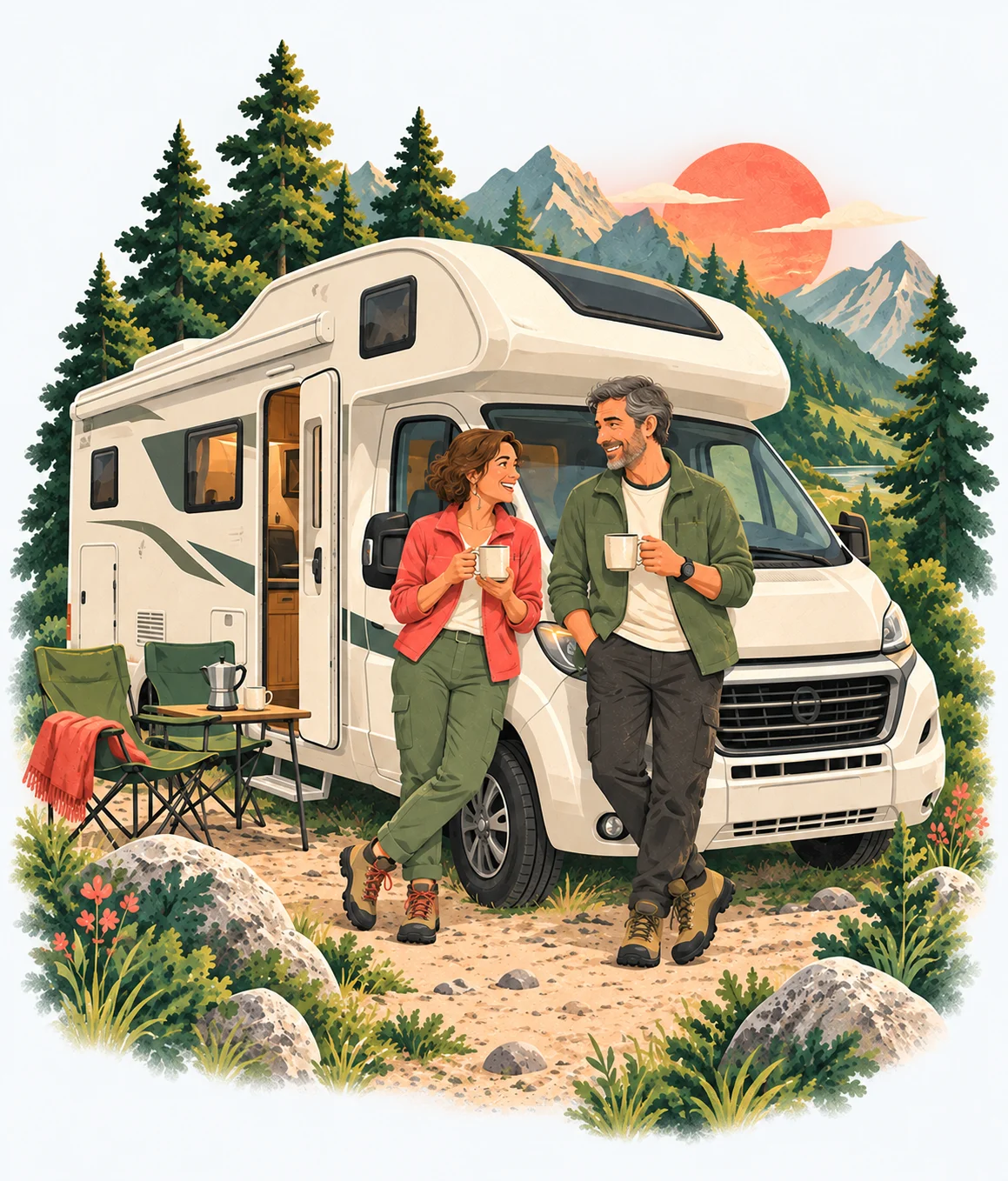 Deux voyageurs font connaissance devant un camping-car — illustration