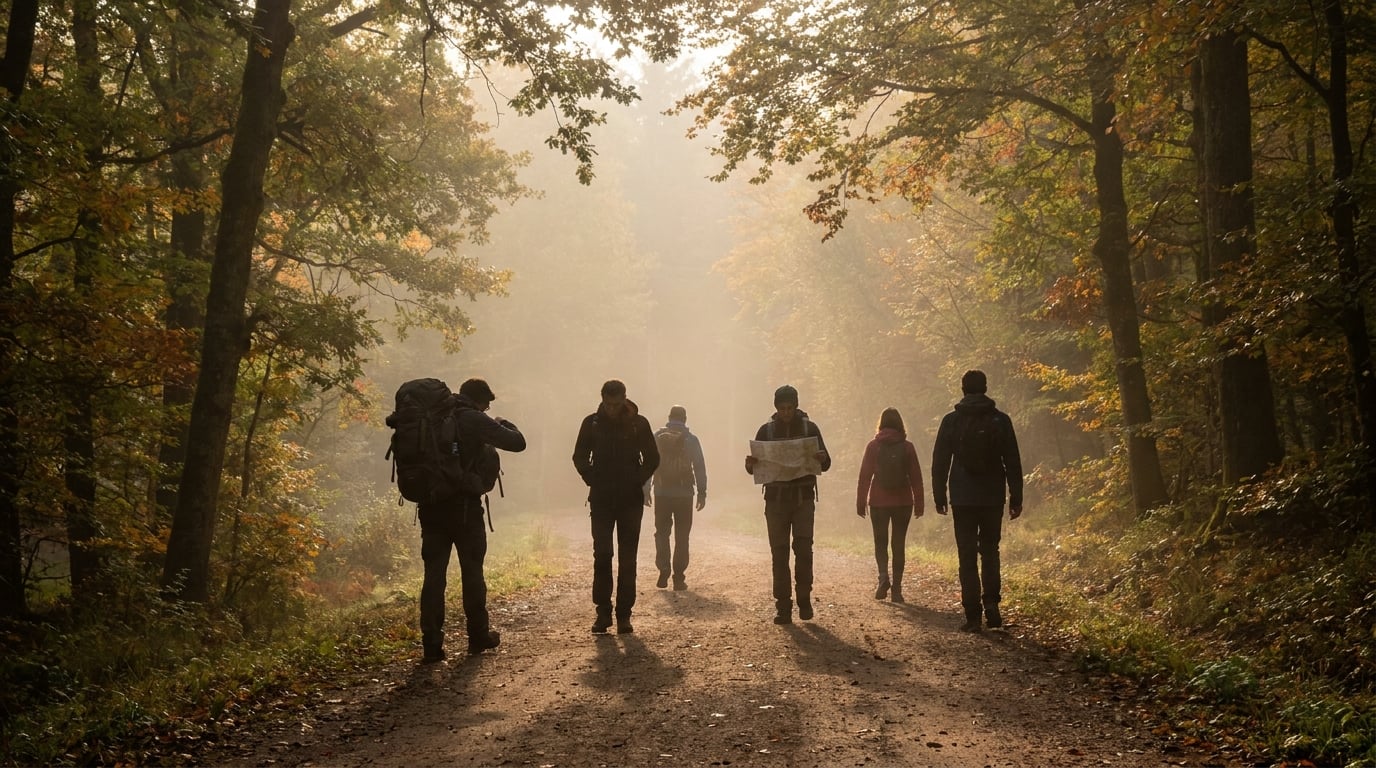 Groupe de randonneurs célibataires sur un sentier vosgien au petit matin en automne