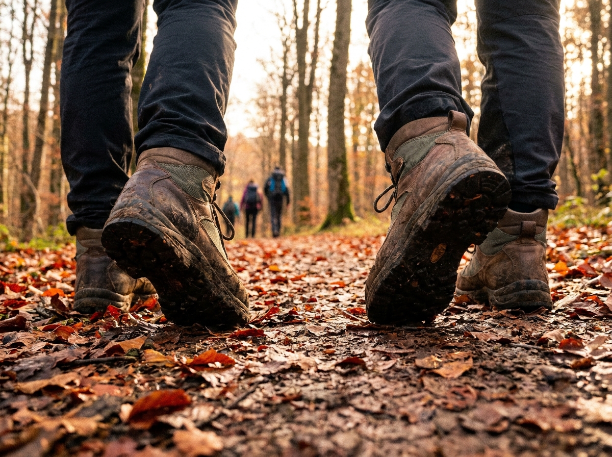 Chaussures de randonnée sur sentier forestier vosgien en automne, groupe en arrière-plan