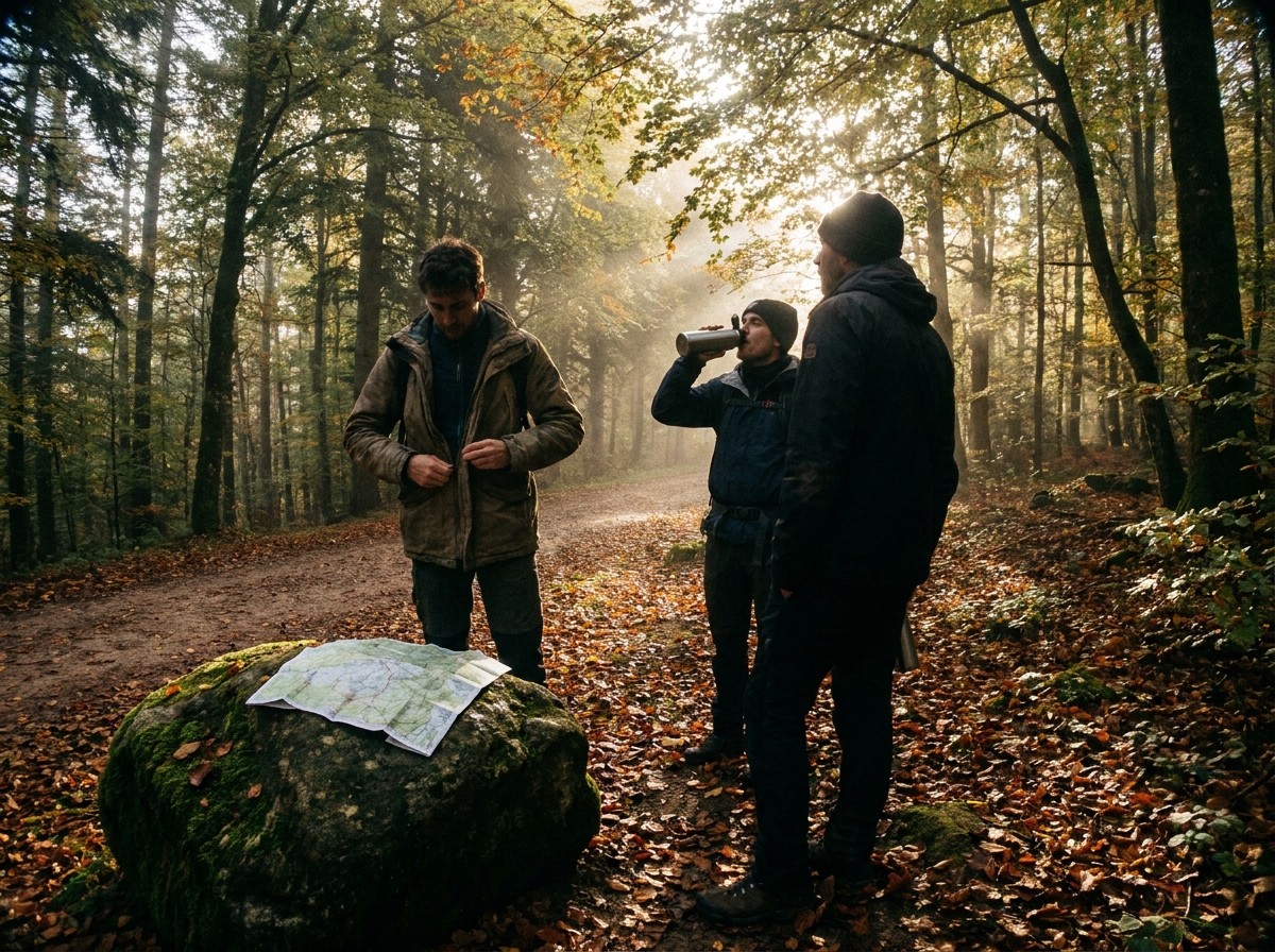 Pause spontanée d'un petit groupe de randonneurs sur un sentier vosgien en automne