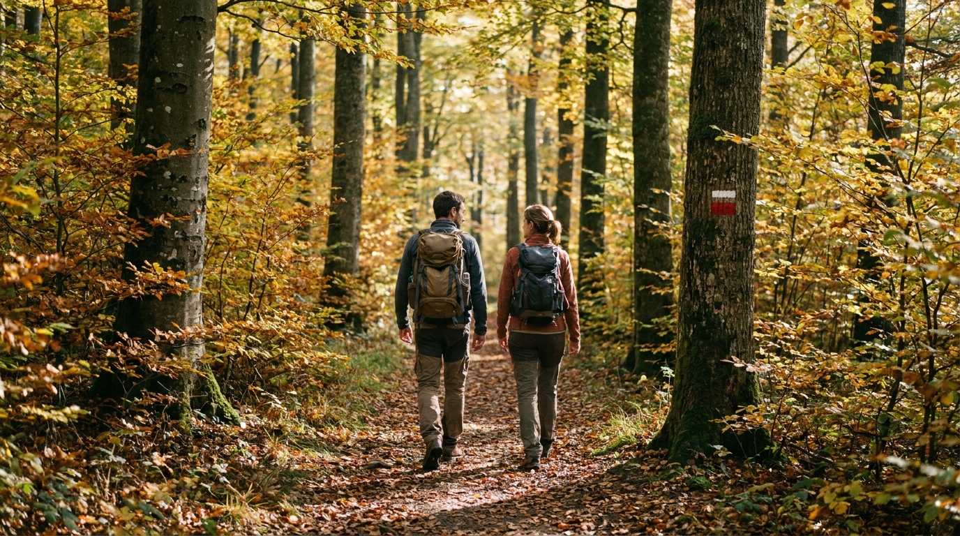 Deux randonneurs de dos sur un sentier automnal dans les Vosges, lumière matinale dorée