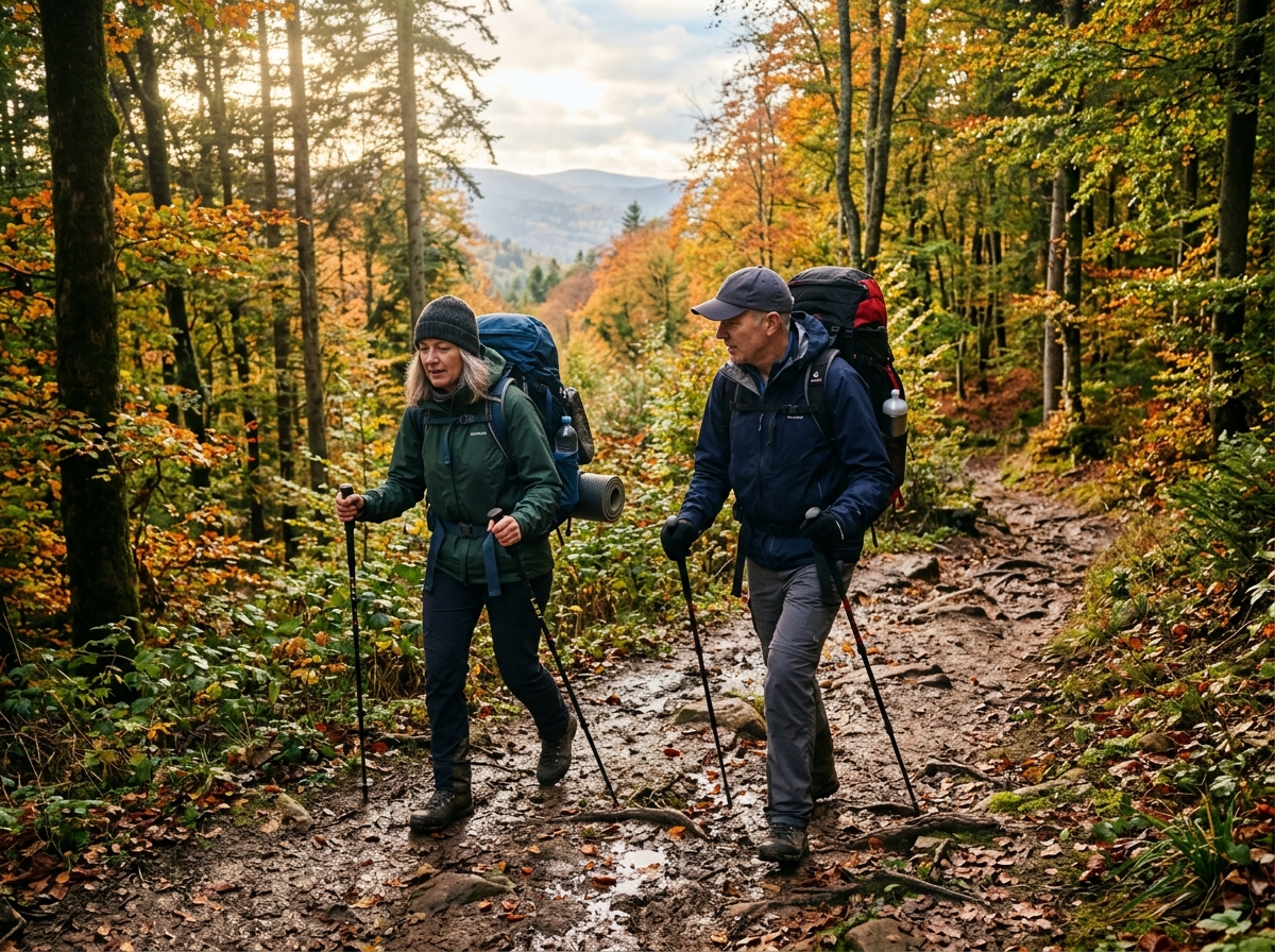 Two hikers in their fifties walking on a muddy forest trail in the Vosges mountains, using trekking poles, autumn light filtering through the trees, realistic photo style, backpacks, waterproof jacket