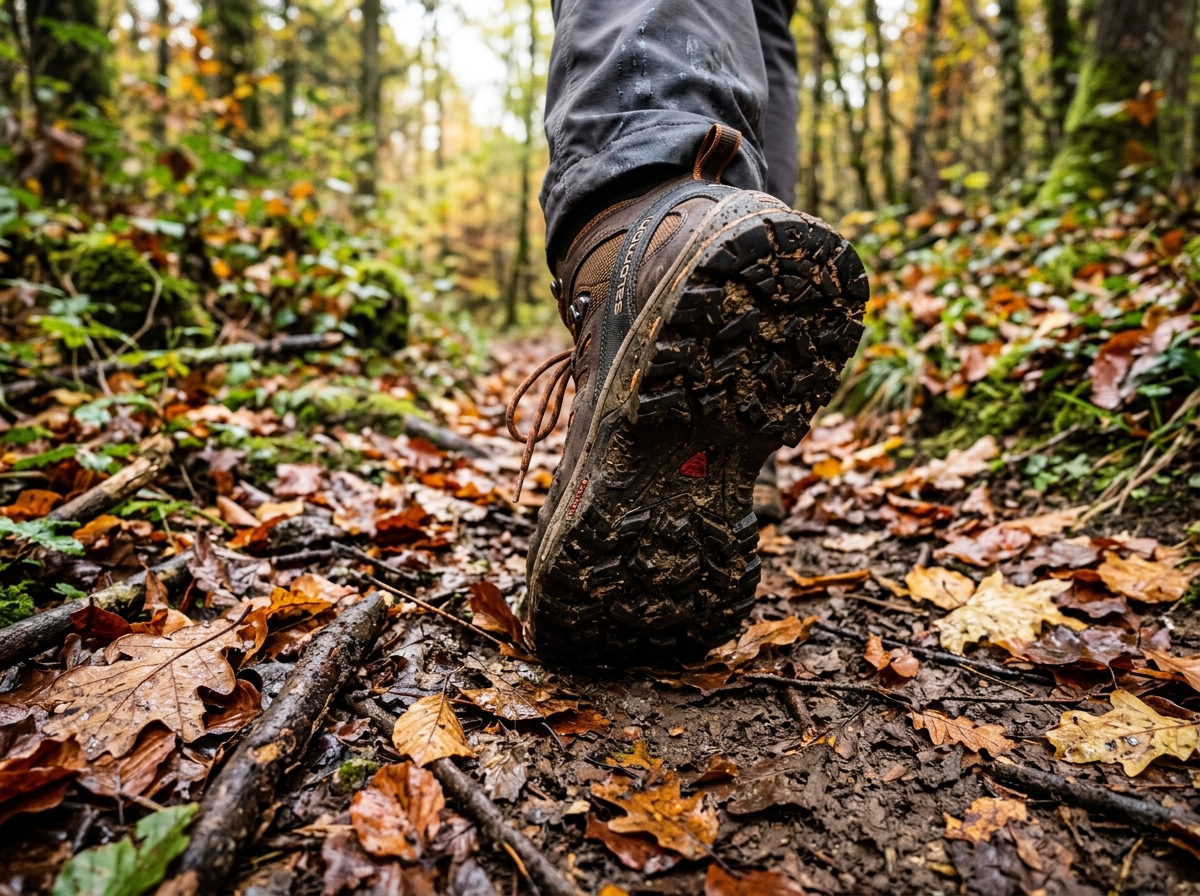Close-up of a woman's hiking boot sole on a wet forest trail in France, autumn leaves and mud, earthy tones, natural daylight, realistic photo style