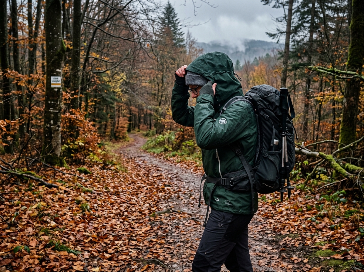 A hiker in their 50s adjusting a hooded rain jacket on a forest trail in the Vosges, France, overcast autumn light, fallen leaves on the path, realistic photo style, no faces clearly visible