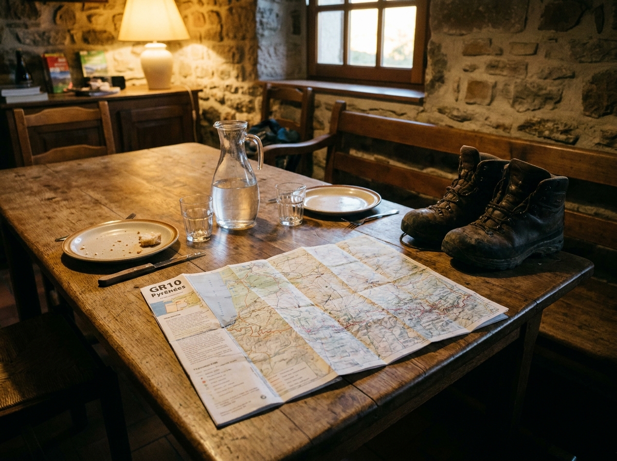Table de gîte rural au crépuscule avec carte de randonnée dépliée et équipement de marche.