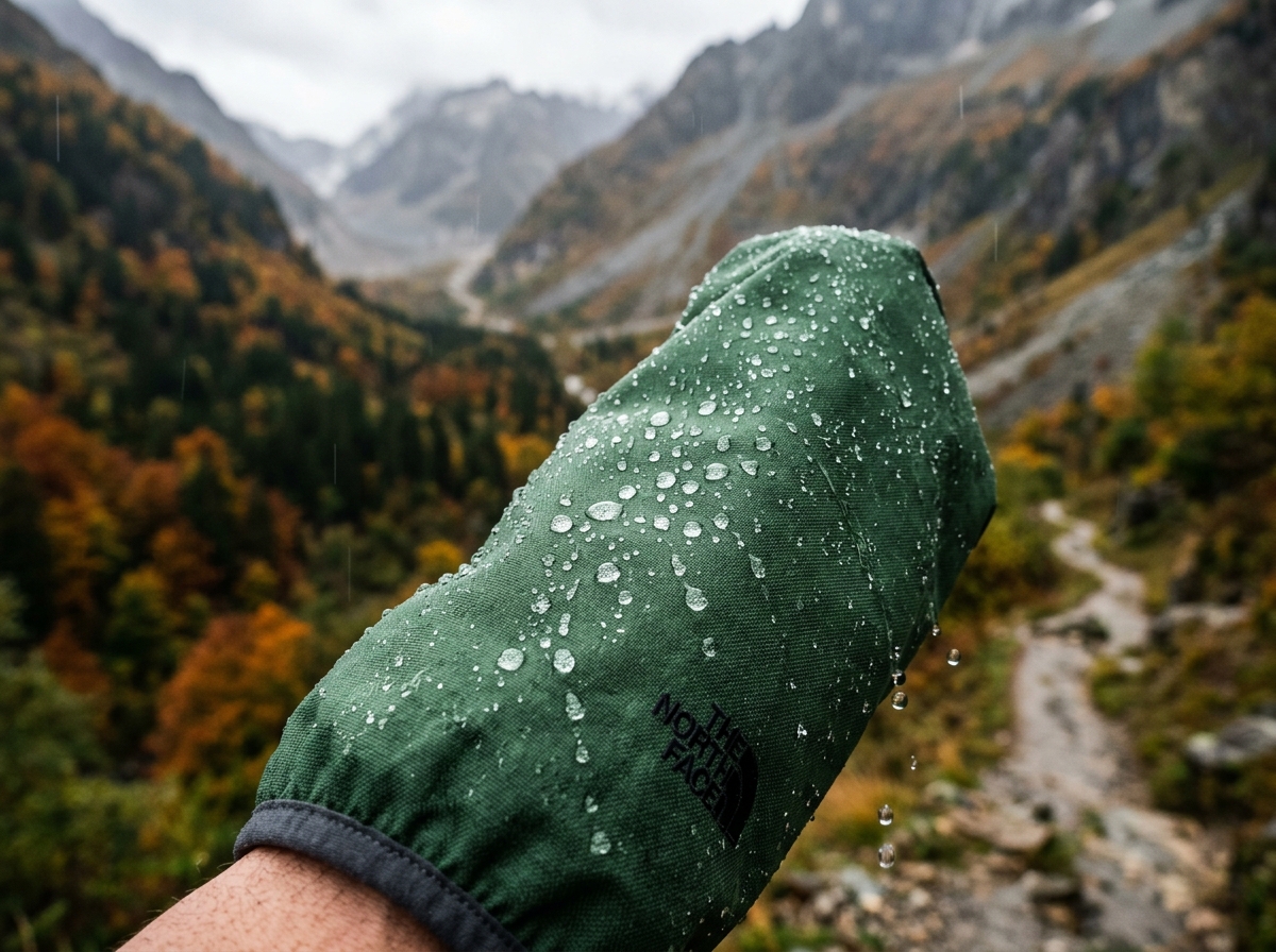 Close-up of raindrops beading off a green hiking jacket sleeve on a rainy autumn day, French mountains in the blurred background, realistic product photo style, natural light