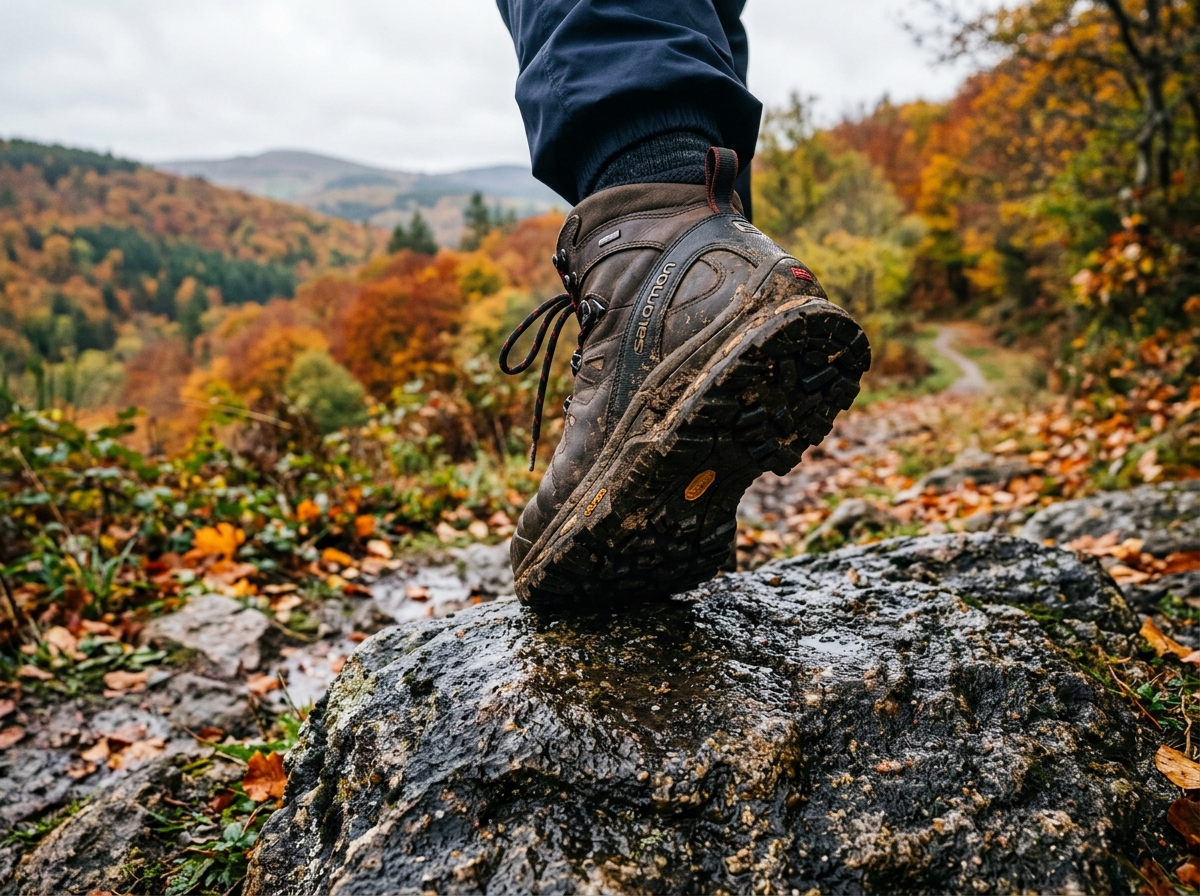 A hiker's boot stepping carefully on a wet granite rock in the French Massif Central, autumn colors in background, realistic outdoor photo, close-up detail of sole grip, overcast soft light