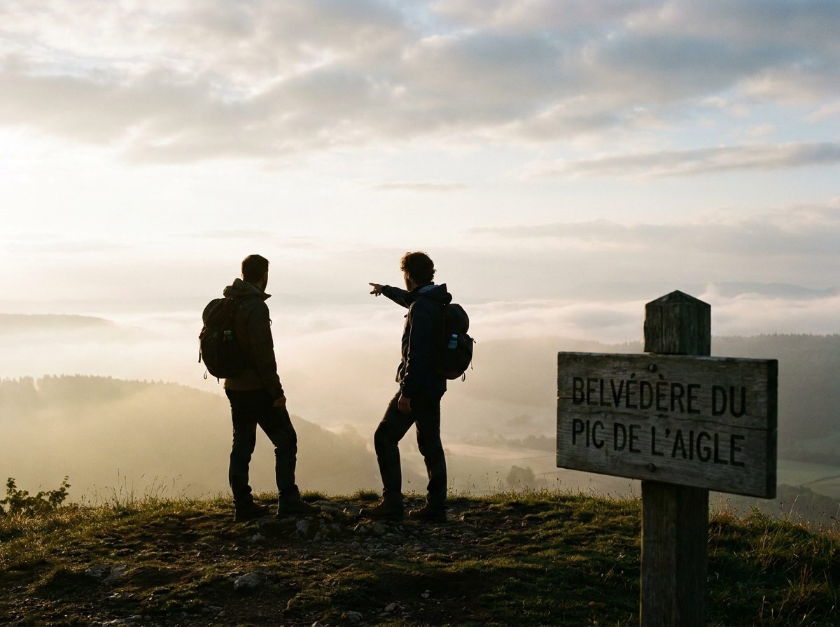 Deux silhouettes de randonneurs face au panorama du Jura dans la brume matinale automnale