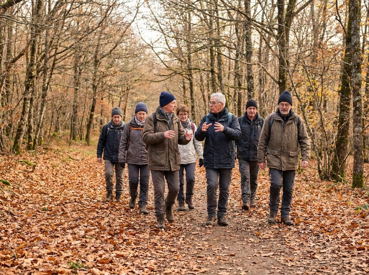 Groupe de randonneurs quinquagénaires marchant et discutant sur un sentier forestier automnal.