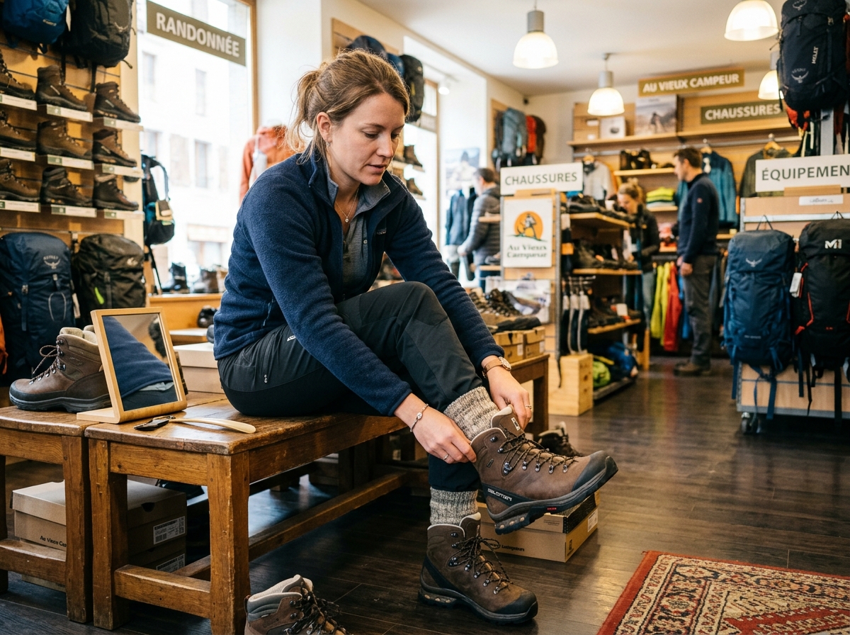 Woman trying on hiking boots in a well-lit outdoor gear shop in France, sitting on a fitting bench, wearing thick wool hiking socks, testing ankle fit, natural store lighting, candid photo style