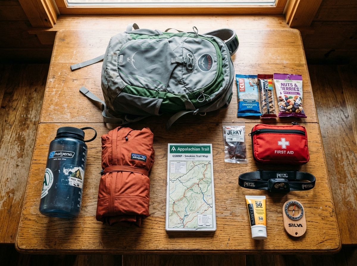 Flatlay of hiking daypack contents spread on a wooden table: water bottle, folded rain jacket, snacks, small first aid kit, headlamp, trail map, sunscreen — warm natural light, overhead shot, realisti
