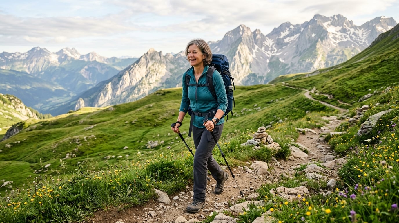 A woman in her early 50s hiking on a mountain trail in the French Alps, wearing a well-fitted 25-liter hiking backpack, surrounded by green meadows and rocky peaks under soft morning light, realistic