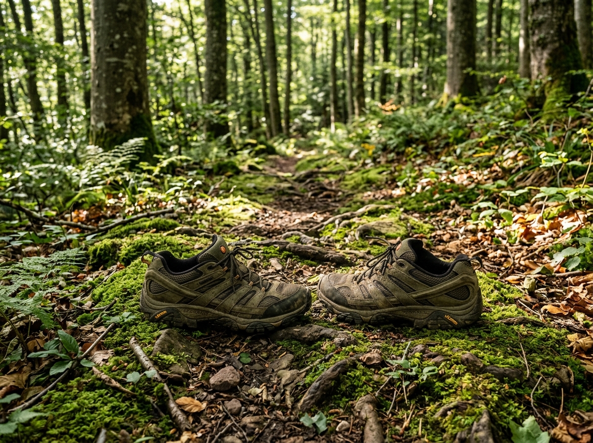 Two lightweight hiking shoes placed on a mossy forest trail in the French Vosges, dappled morning sunlight filtering through beech trees, realistic photo style, earthy tones, no people