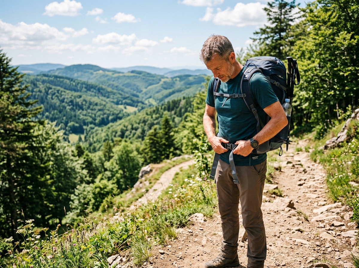A 50-year-old man adjusting the hip belt of a 25-liter hiking backpack on a sunny trail in the Vosges mountains, green forested hills in the background, natural light, authentic outdoor photography st