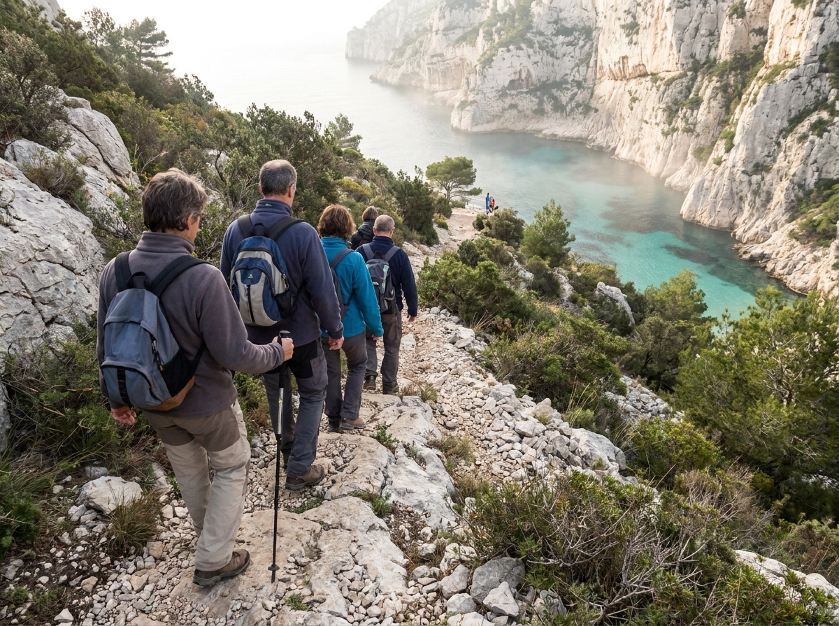 Groupe de randonneurs en escale sur un sentier côtier calcaire dans le sud de la France.