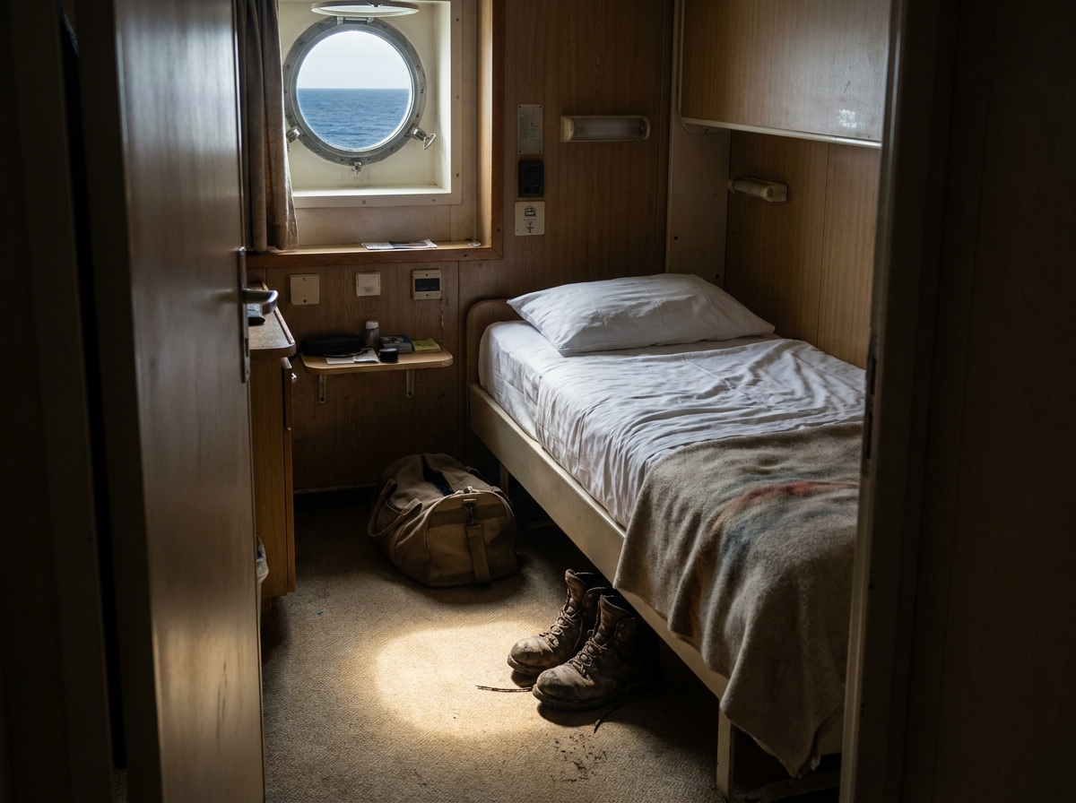 Cabine solo de croisière avec hublot sur la mer et chaussures de randonnée posées au sol.