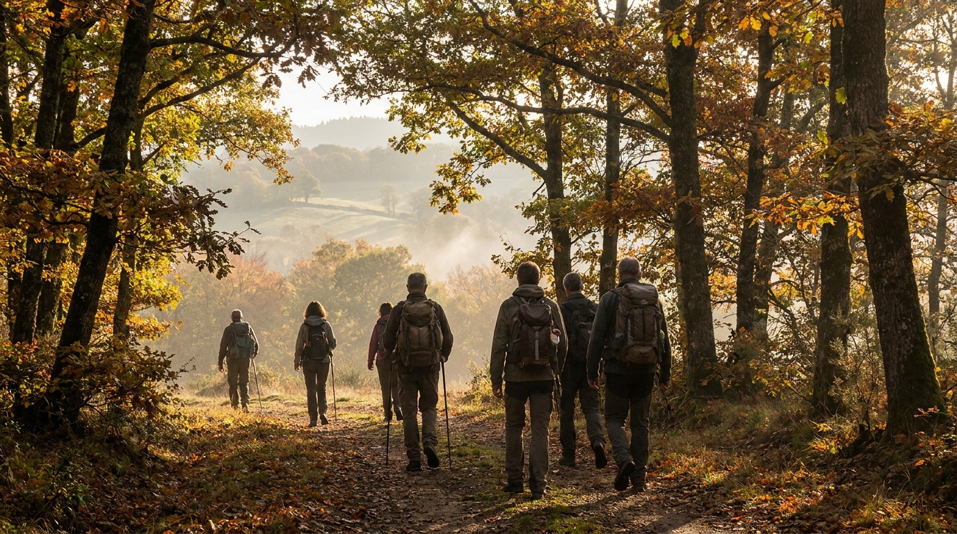 Groupe de randonneurs célibataires sur un sentier automnal du Massif Central