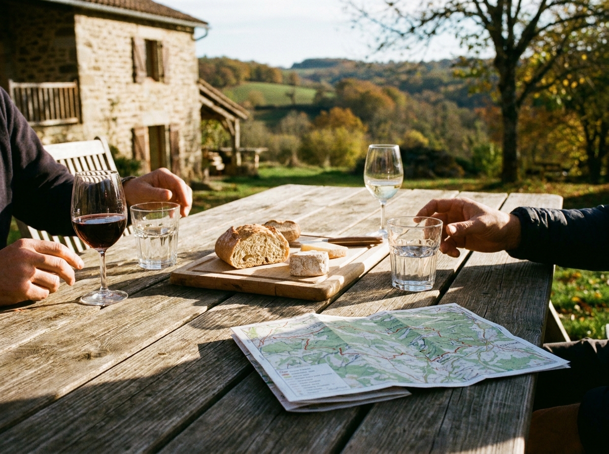 Table de gîte en fin de journée, verres, fromage et carte papier après une rando en groupe