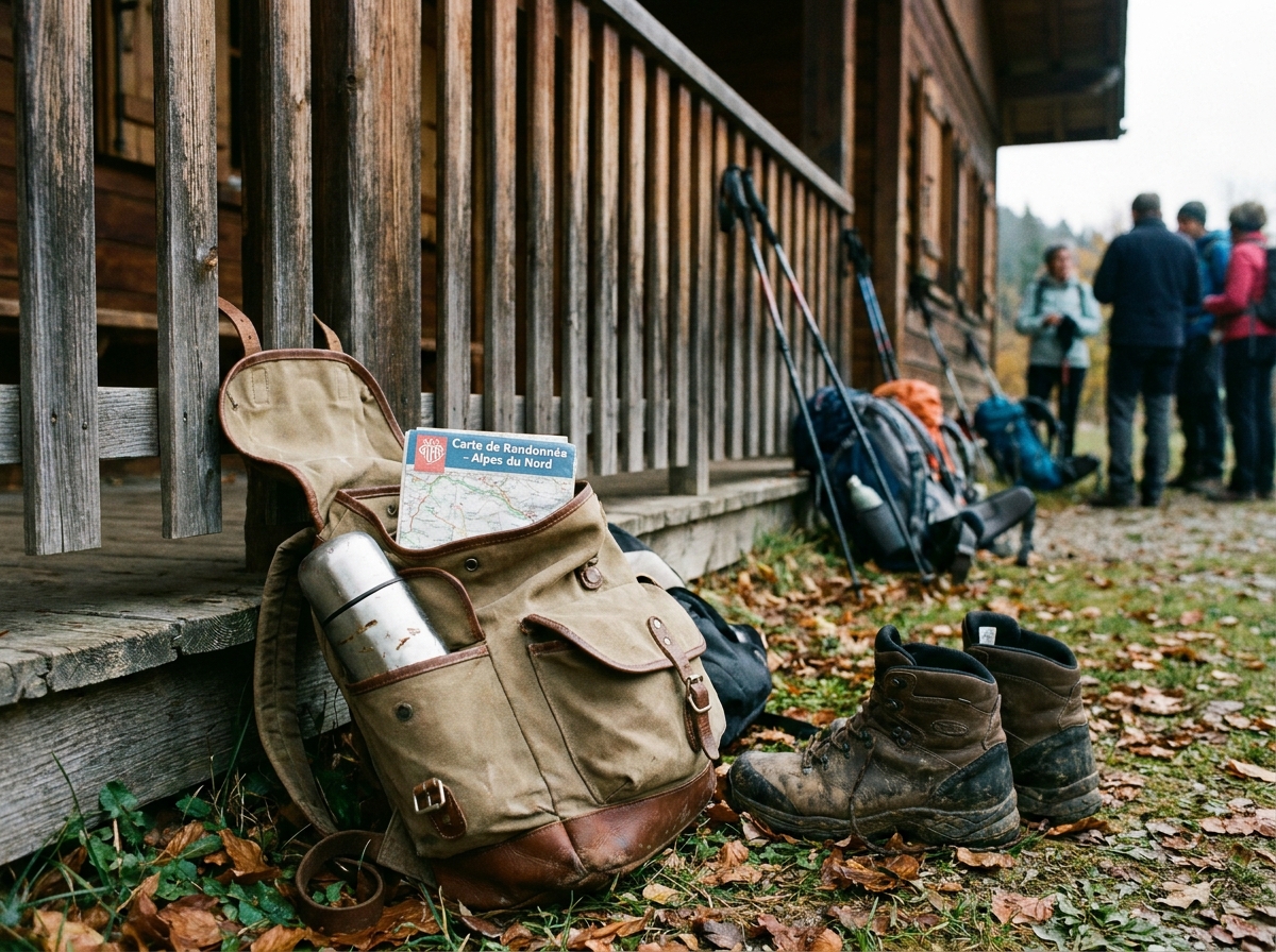 Sac à dos de randonneur posé avant un départ de groupe en montagne française