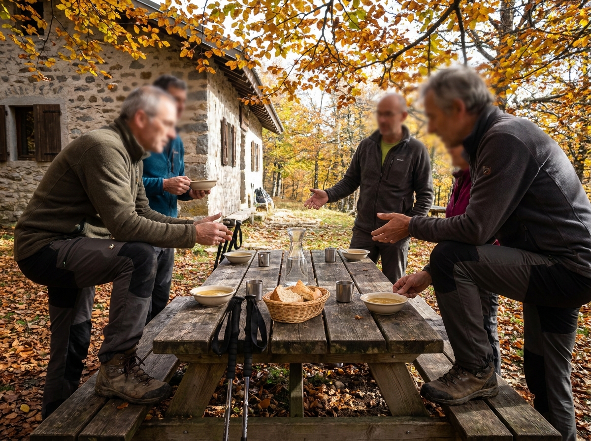 Repas convivial entre randonneurs autour d'une table de refuge pyrénéen en automne
