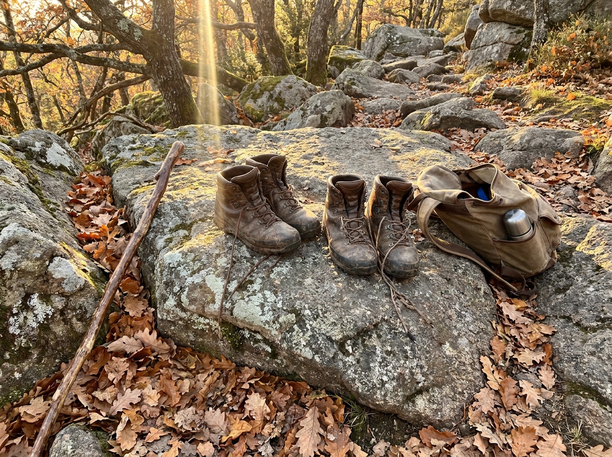 Deux paires de chaussures de randonnée posées sur un rocher en pause, feuilles d'automne