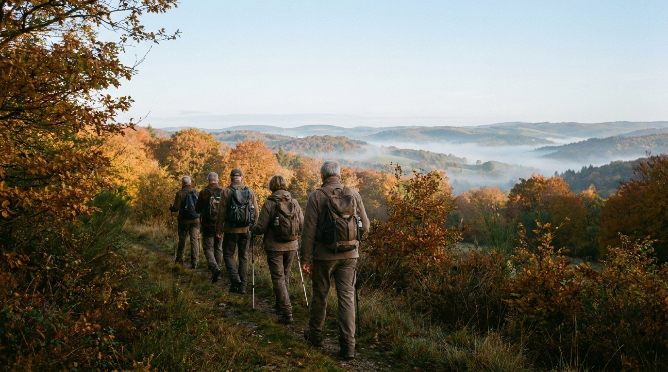 Groupe de randonneurs seniors de dos sur un sentier du Massif Central en automne