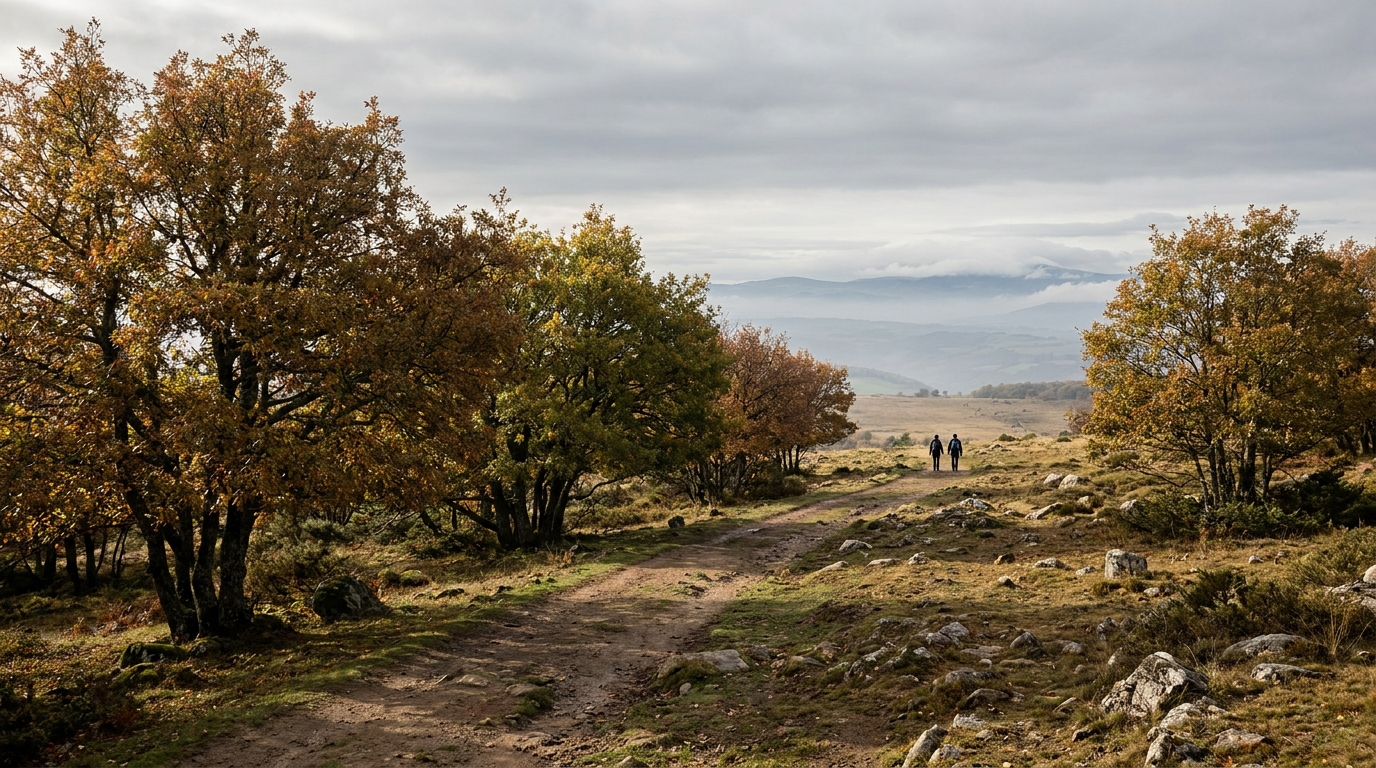 Deux silhouettes marchant sur un sentier du Massif Central en début d'automne