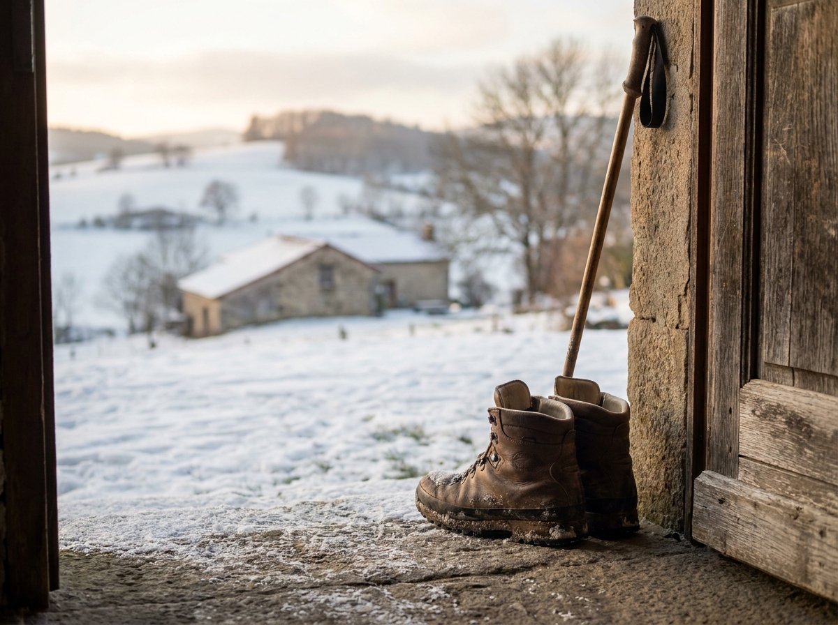 Chaussures de rando posées sur le seuil d'un gîte, paysage hivernal français en arrière-plan