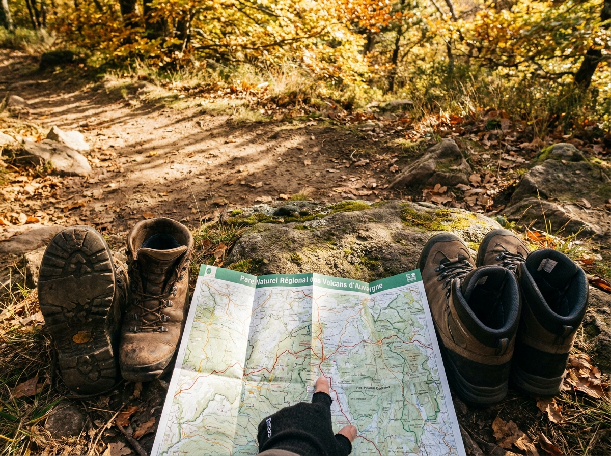 Deux paires de chaussures de rando et une carte topographique sur un rocher