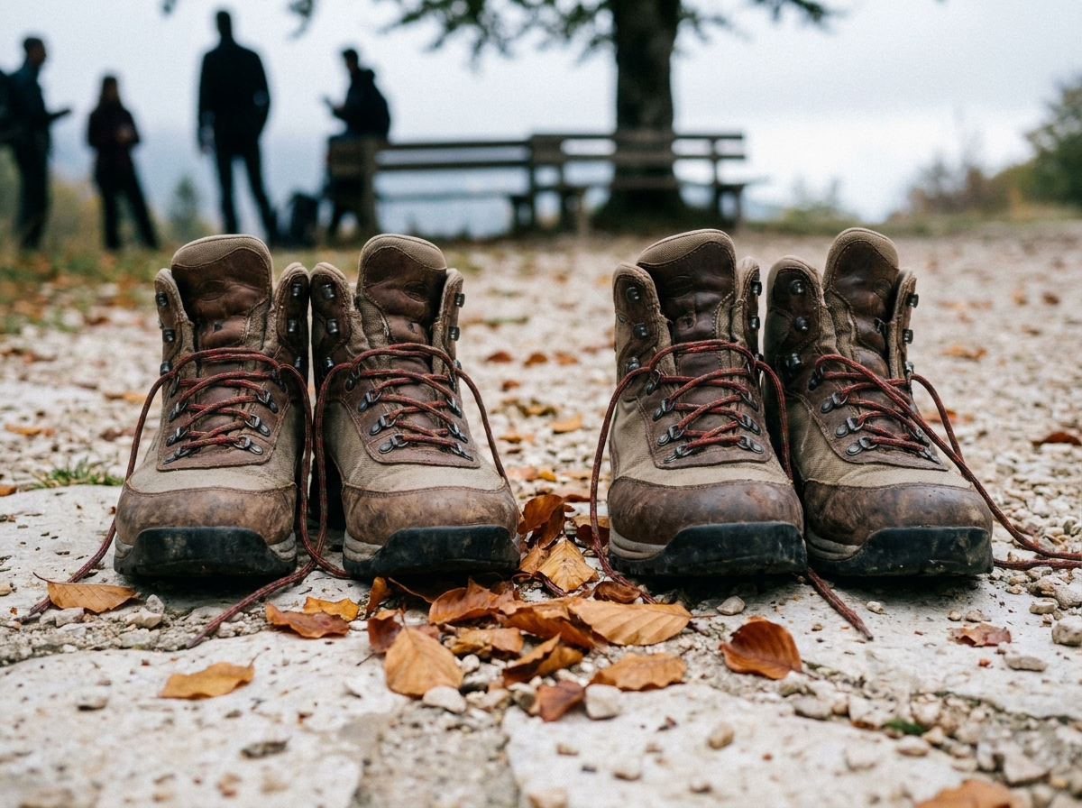 Deux paires de chaussures de randonnée sur un sentier du Vercors jonché de feuilles d'automne