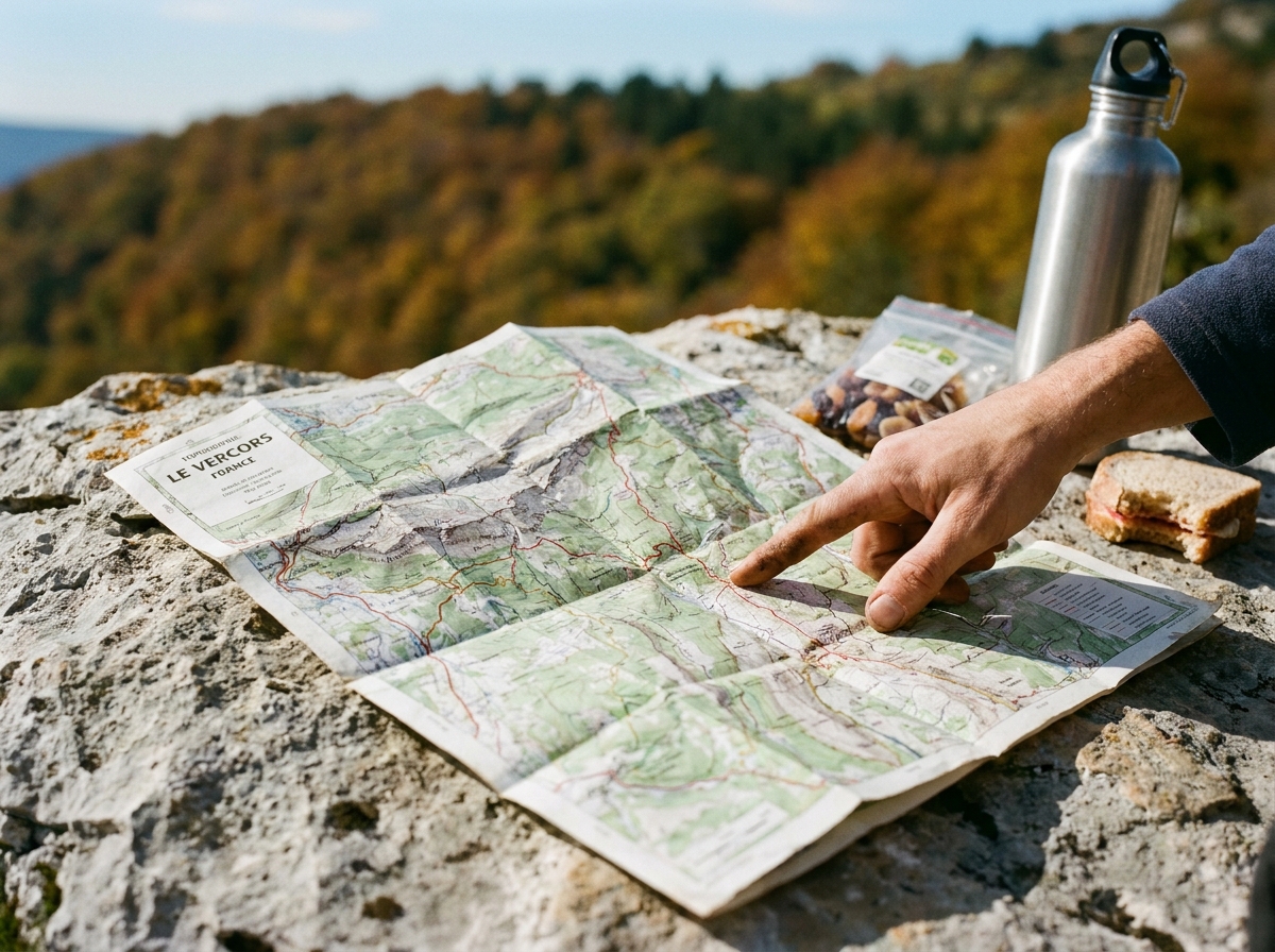 Carte topographique ouverte sur un rocher calcaire du Vercors avec un doigt pointant l'itinéraire