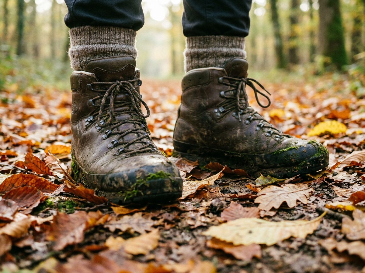 Chaussures de randonnée posées sur un sentier couvert de feuilles mortes en automne