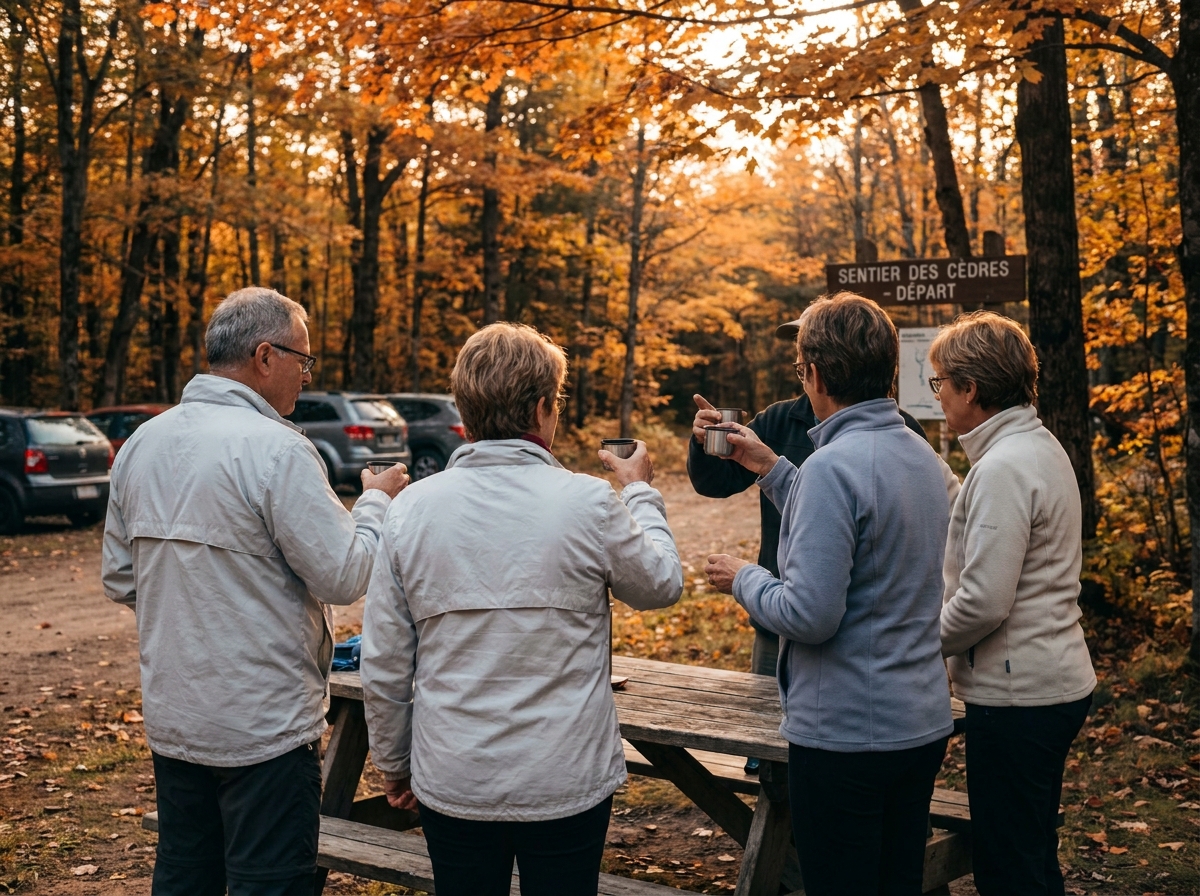 Groupe de randonneurs autour d'une table à l'orée d'un bois en automne, moment convivial après la marche