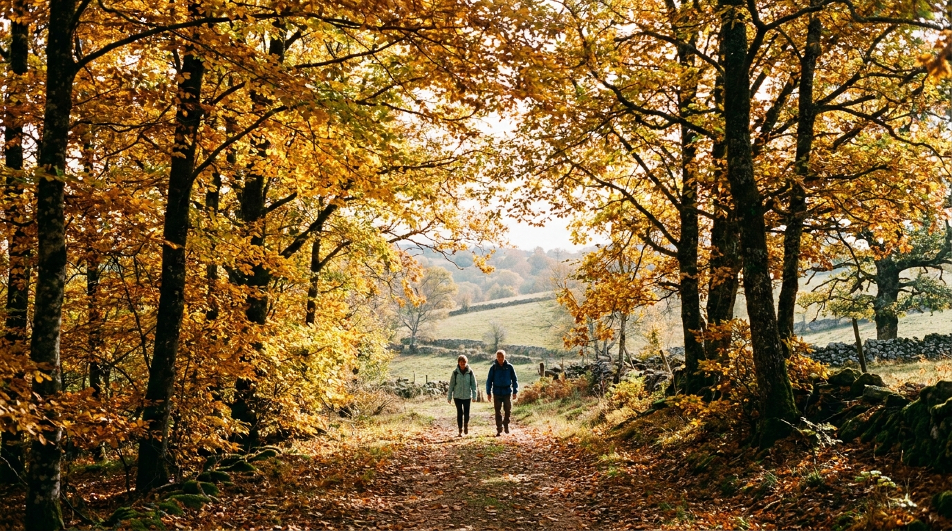 Sentier automnal en hêtraie du Massif Central, deux silhouettes de dos marchant dans les feuilles dorées