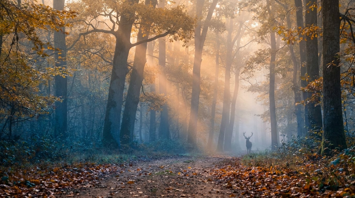 Forêt française brumeuse à l'aube en septembre, cerf en silhouette au loin