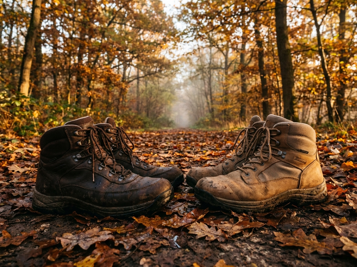 Deux paires de chaussures de randonnée côte à côte sur un sentier forestier humide en automne