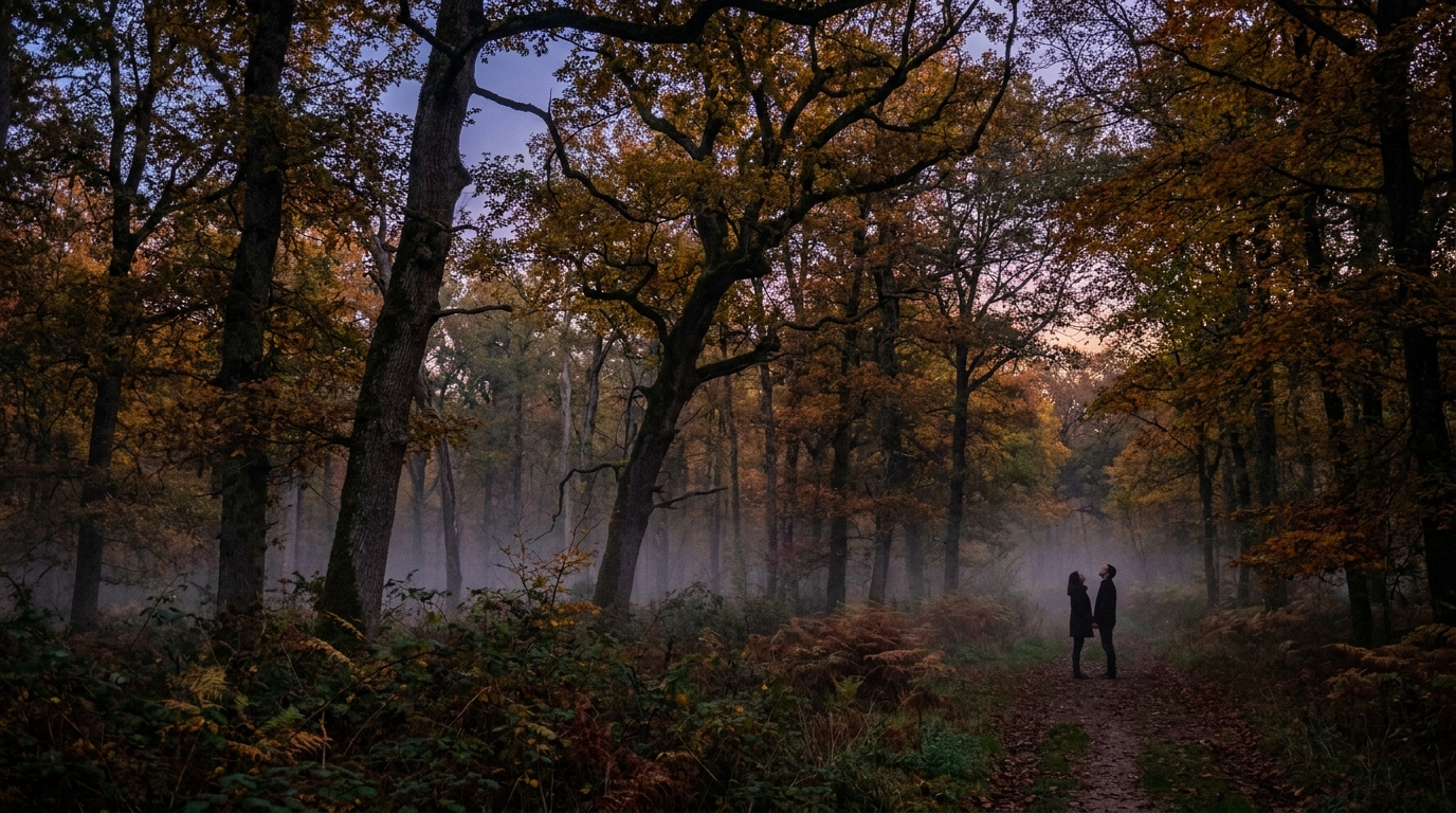 Silhouettes de randonneurs écoutant le brame du cerf au crépuscule dans une forêt française en automne