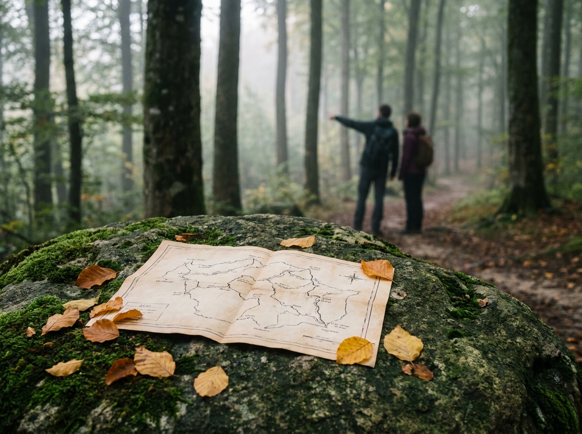 Carte papier ouverte sur un rocher en forêt, deux silhouettes de dos au loin en automne