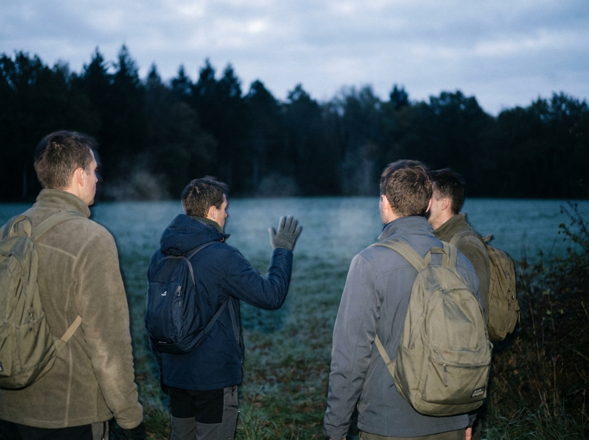 Groupe de randonneurs en lisière de forêt au crépuscule, tendant l'oreille dans le silence