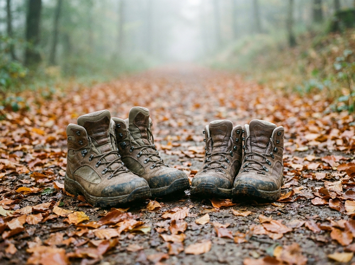 Deux paires de chaussures de randonnée sur un sentier forestier couvert de feuilles d'automne