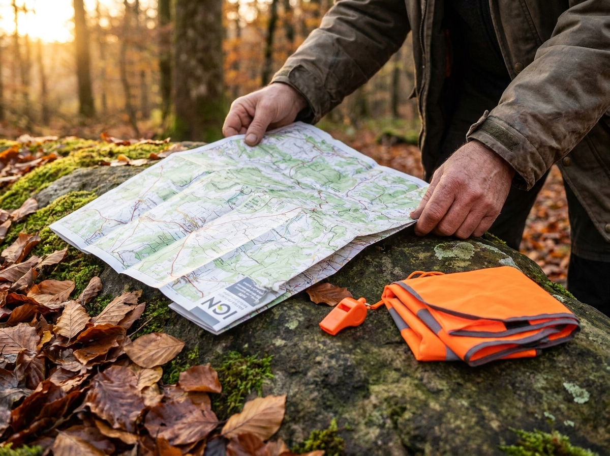 Mains tenant une carte IGN sur un rocher avec un gilet de sécurité orange en forêt d'automne