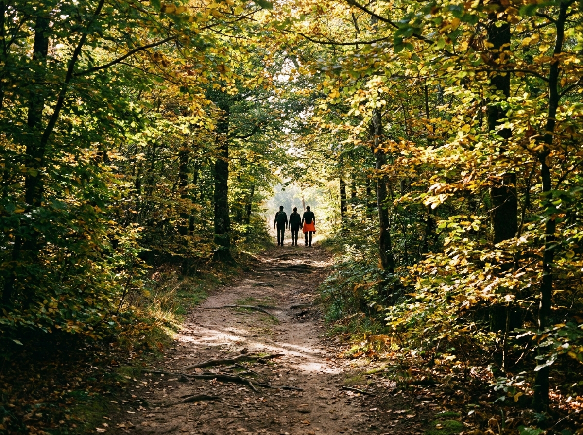 Sentier forestier vide en automne avec silhouettes de randonneurs au loin, lumière matinale