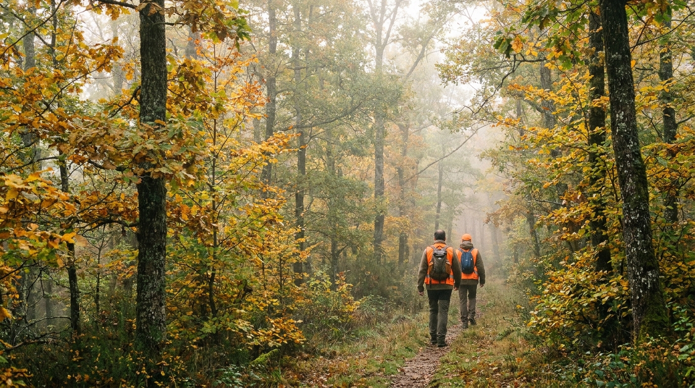 Deux randonneurs de dos en gilet orange dans une forêt française brumeuse en automne