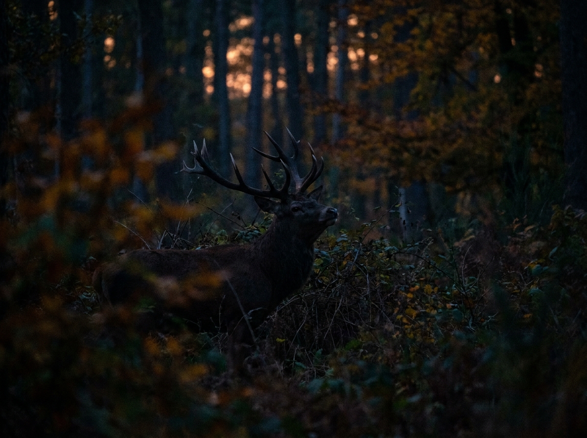 Silhouette d'un cerf élaphe avec bois imposants en sous-bois à la tombée de la nuit, automne.