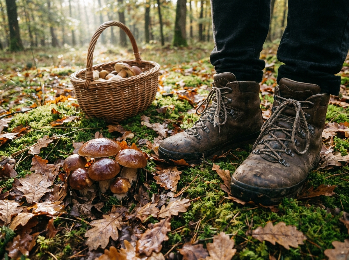 Bottes de randonnée et cèpes dans les feuilles mortes d'une forêt française en automne