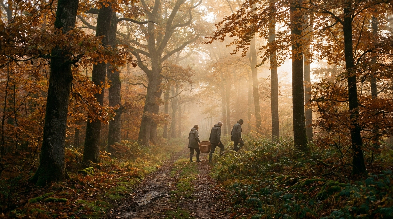 Sentier forestier brumeux en automne dans le Morvan, randonneurs au loin avec un panier