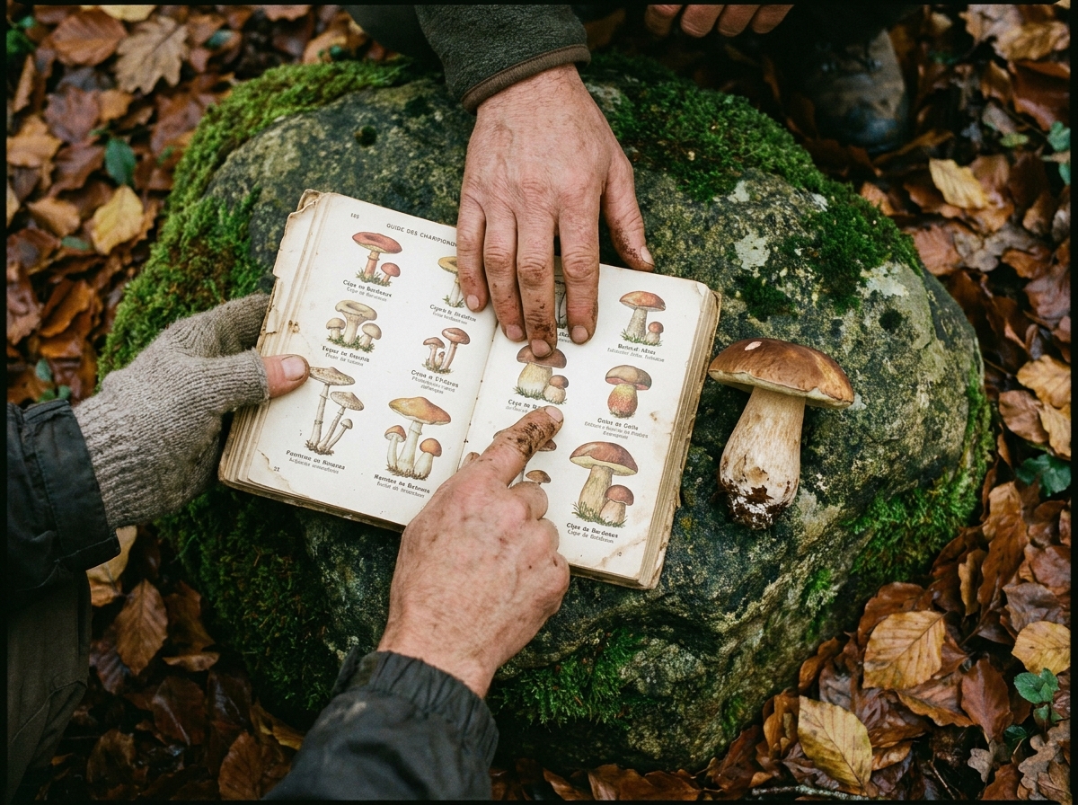 Deux paires de mains comparant un champignon à un guide mycologique sur un rocher en forêt