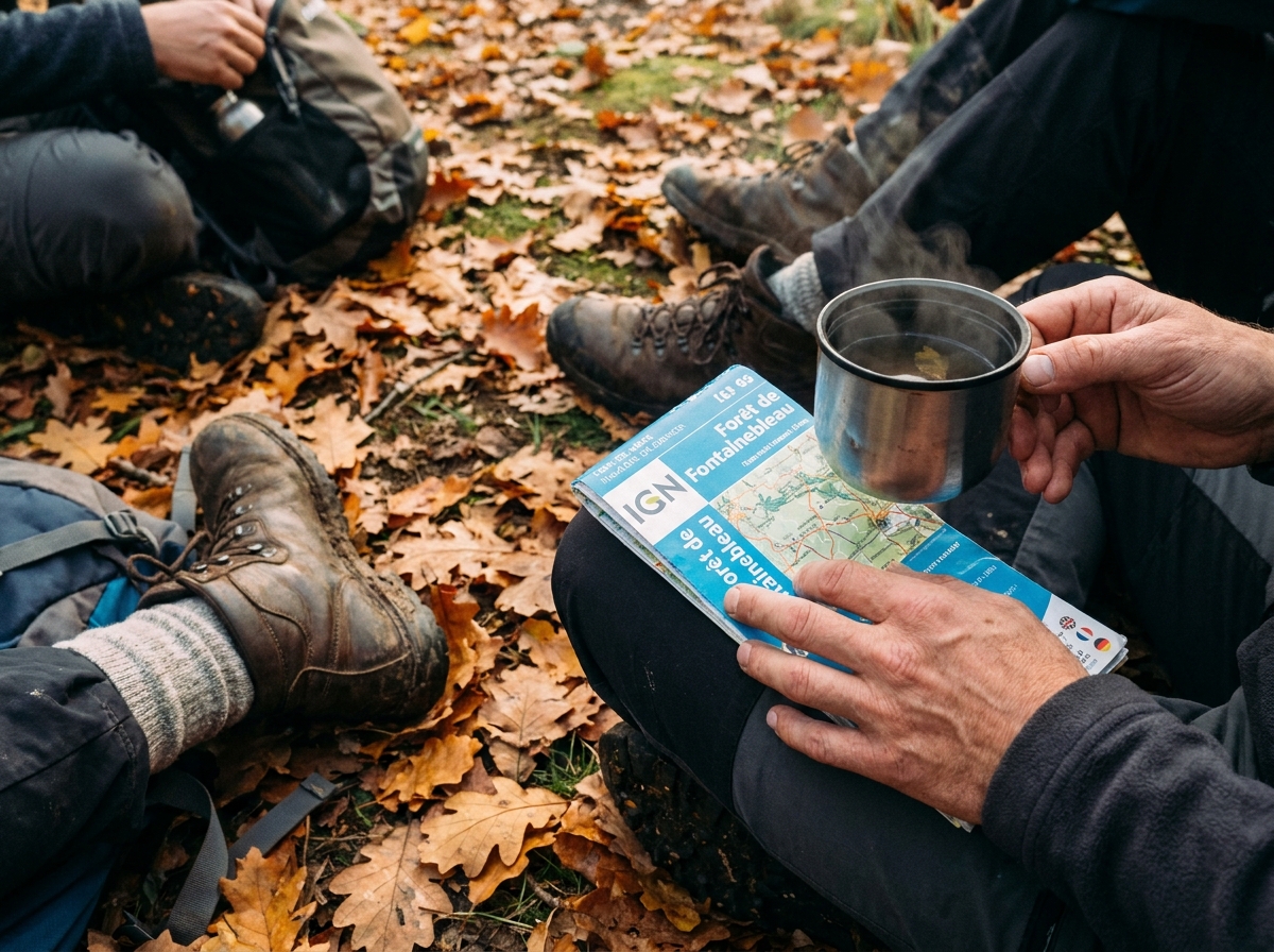Pause randonnée en forêt automnale : carte papier, thermos et feuilles mortes sur sentier français.