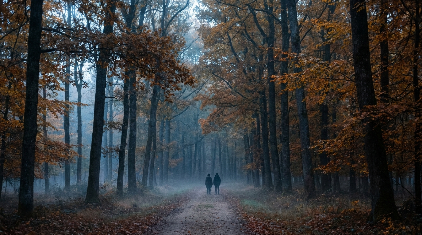 Lisière de forêt automnale à l'aube, deux silhouettes immobiles écoutent le brame